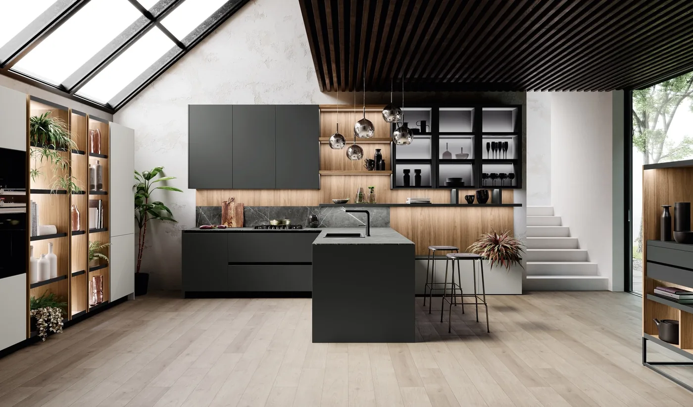 Cuisine graphite contemporaine avec îlot toute hauteur